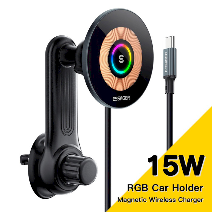 Автотримач з бездротовою зарядкою ESSAGER Arpege 15W Wireless Car Charger with Phone Holder Rotate Version Black