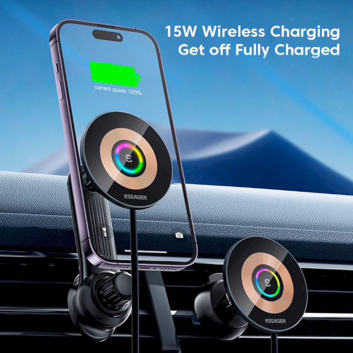 Автотримач з бездротовою зарядкою ESSAGER Arpege 15W Wireless Car Charger with Phone Holder Rotate Version Black