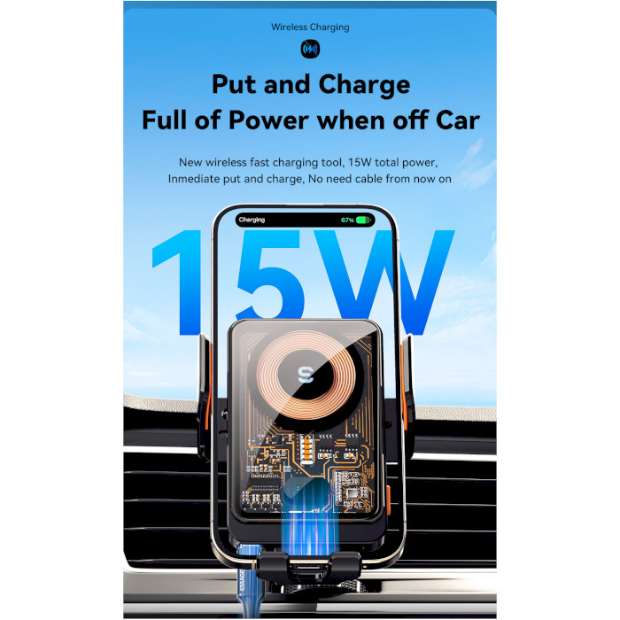 Автодержатель с беспроводной зарядкой ESSAGER Junyi 15W Wireless Charging Car Phone Hlder Black