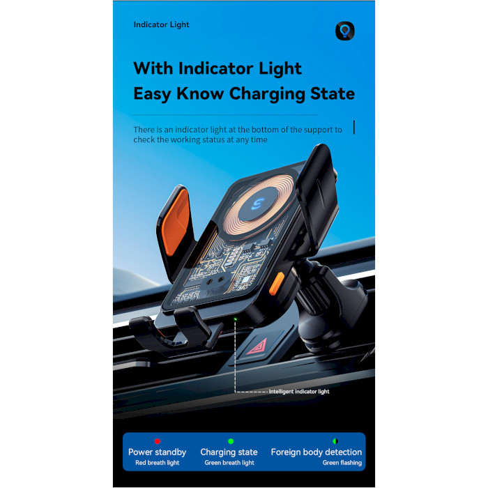 Автотримач з бездротовою зарядкою ESSAGER Junyi 15W Wireless Charging Car Phone Hlder Black