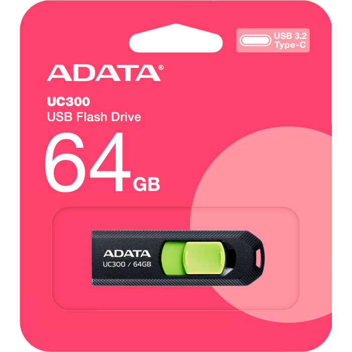 Флэшка ADATA UC300 64GB USB-C3.2 Black/Green (ACHO-UC300-64G-RBK/GN)