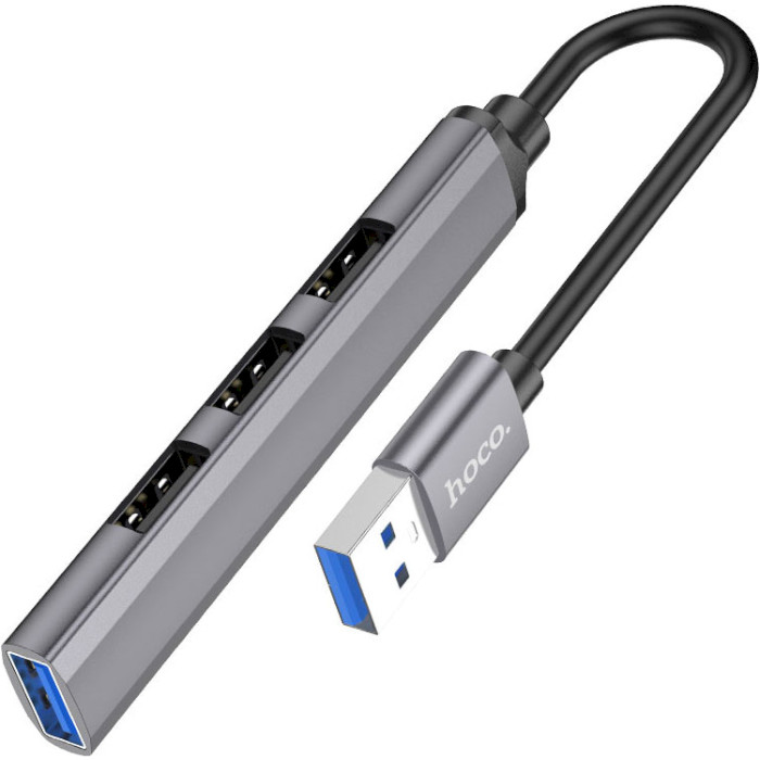 USB-хаб HOCO HB26 4-in-1 USB-A to 1xUSB3.0, 3xUSB2.0 Metal Gray