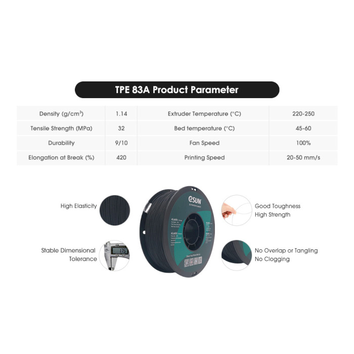 Пластик (філамент) для 3D принтера ESUN eLastic (TPE-83A) 1.75mm, 1кг, Black (ELASTIC-P175B1)