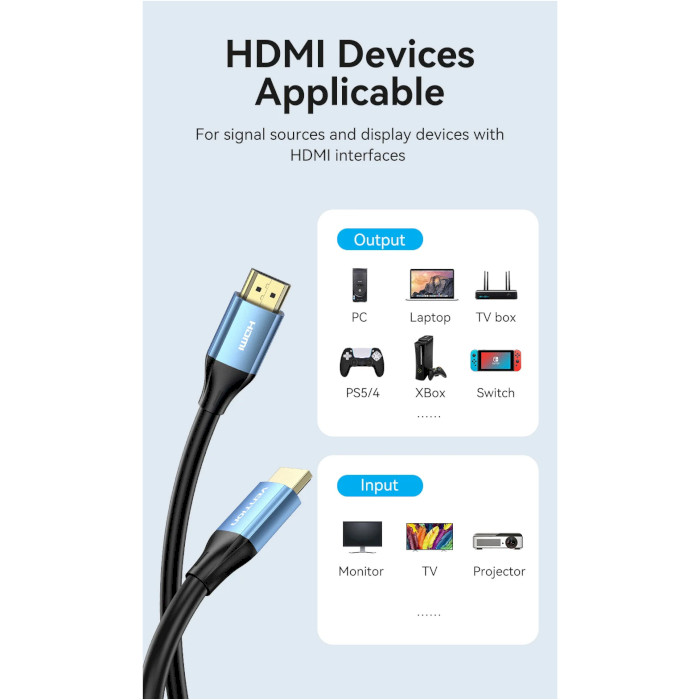 Кабель VENTION HDMI Male to Male 4K HD Cable HDMI v2.0 2м Blue (ALHSH)