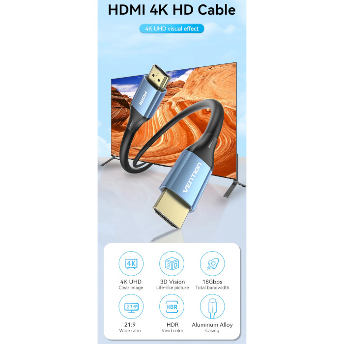 Кабель VENTION HDMI Male to Male 4K HD Cable HDMI v2.0 2м Blue (ALHSH)