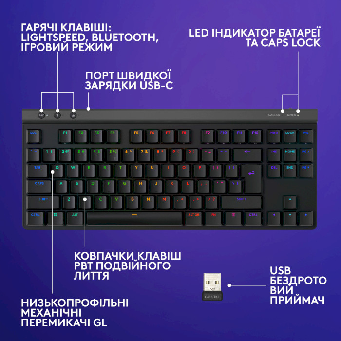 Клавиатура беспроводная LOGITECH G515 Lightspeed TKL Wireless Gaming Keyboard Black (920-012538)