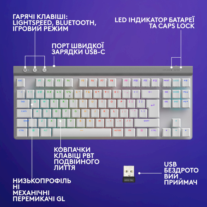 Клавиатура беспроводная LOGITECH G515 Lightspeed TKL Wireless Gaming Keyboard White (920-012539)