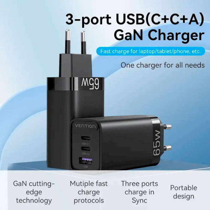 Зарядное устройство VENTION Three-Port 2xUSB-C, 1xUSB-A PD3.0, QC4.0 65W GaN Charger Black (FEDB0-EU)