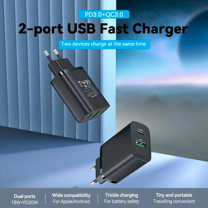 Зарядний пристрій VENTION Two-Port USB-A, USB-C, PD3.0, QC4.0, 38W Wall Charger Black (FBIB0-EU)