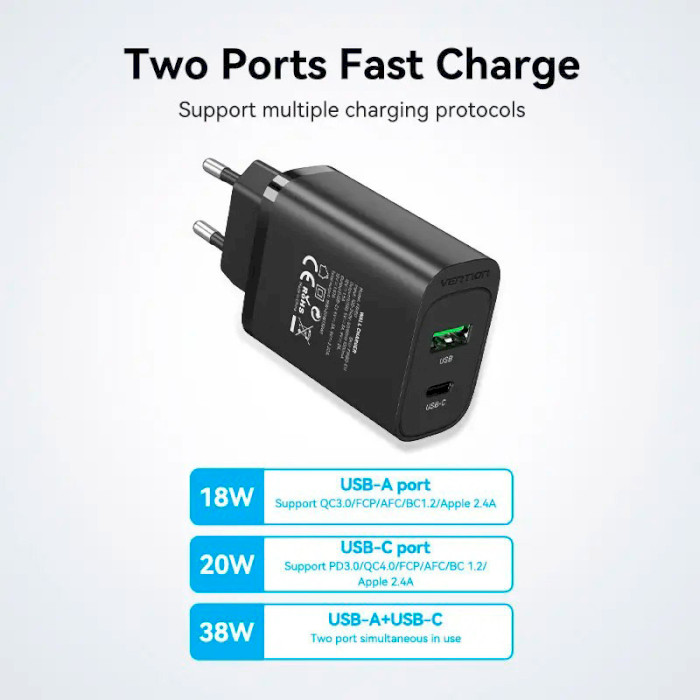 Зарядное устройство VENTION Two-Port USB-A, USB-C, PD3.0, QC4.0, 38W Wall Charger Black (FBIB0-EU)