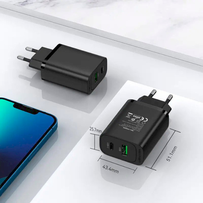 Зарядний пристрій VENTION Two-Port USB-A, USB-C, PD3.0, QC4.0, 38W Wall Charger Black (FBIB0-EU)