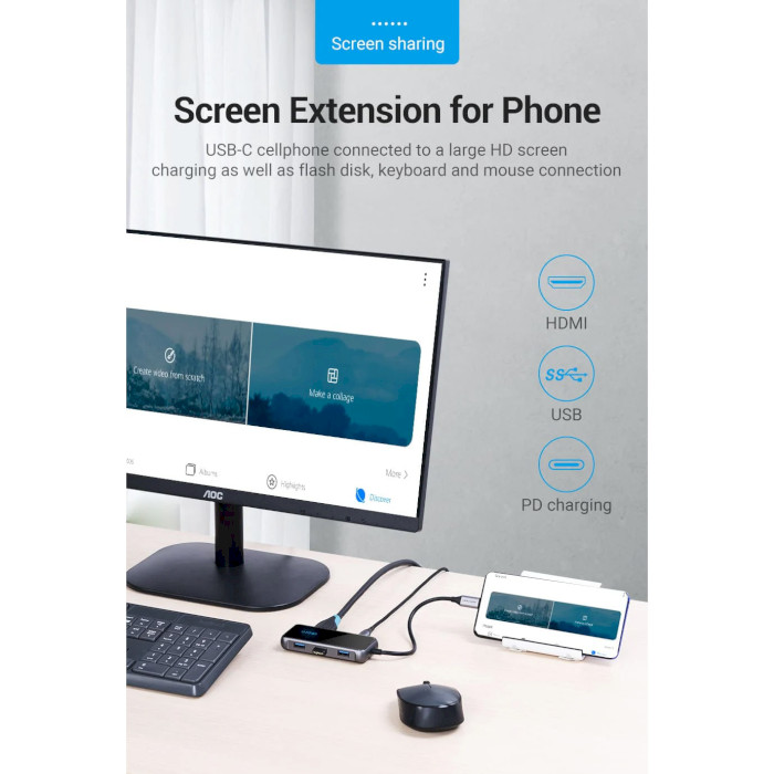 Порт-реплікатор VENTION 6-in-1 USB-C to HDMI/USB3.0x3/RJ-45/PD (TFFHB)