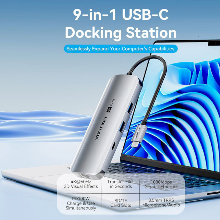 Порт-реплікатор VENTION 9-in-1 USB-C to HDMI/USB-C3.2Gen1/USB3.0x2/RJ-45/SD/TF/TRRS 3.5mm/PD (TQMHB)