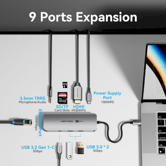 Порт-реплікатор VENTION 9-in-1 USB-C to HDMI/USB-C3.2Gen1/USB3.0x2/RJ-45/SD/TF/TRRS 3.5mm/PD (TQMHB)