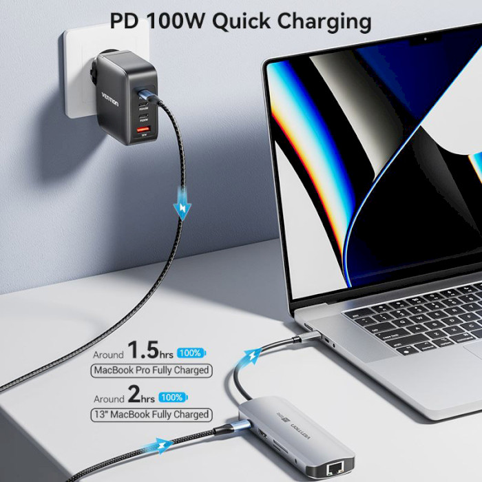 Порт-реплікатор VENTION 9-in-1 USB-C to HDMI/USB-C3.2Gen1/USB3.0x2/RJ-45/SD/TF/TRRS 3.5mm/PD (TQMHB)