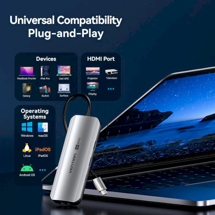 Порт-реплікатор VENTION 9-in-1 USB-C to HDMI/USB-C3.2Gen1/USB3.0x2/RJ-45/SD/TF/TRRS 3.5mm/PD (TQMHB)