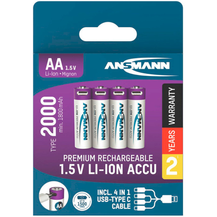 Аккумулятор ANSMANN AA 2000mAh, Type-C зарядка 4шт/уп (1312-0036)