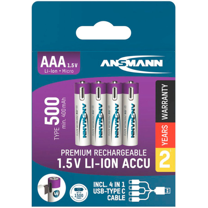 Аккумулятор ANSMANN AAA 500mAh, Type-C зарядка 4шт/уп (1311-0028)