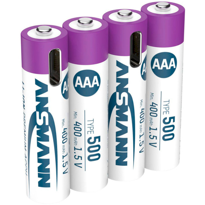 Аккумулятор ANSMANN AAA 500mAh, Type-C зарядка 4шт/уп (1311-0028)