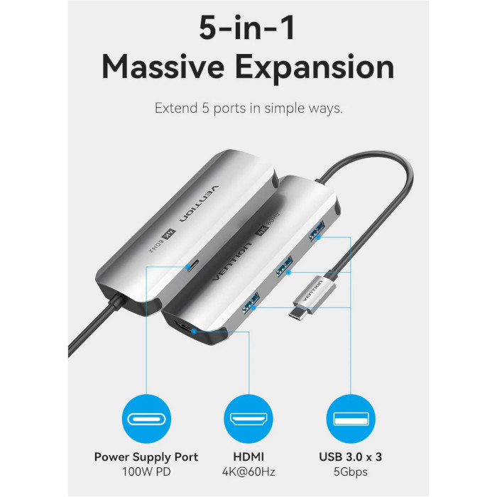 Порт-репликатор VENTION 5-in-1 USB-C to HDMI/USB3.0x3/PD (TQDHB)