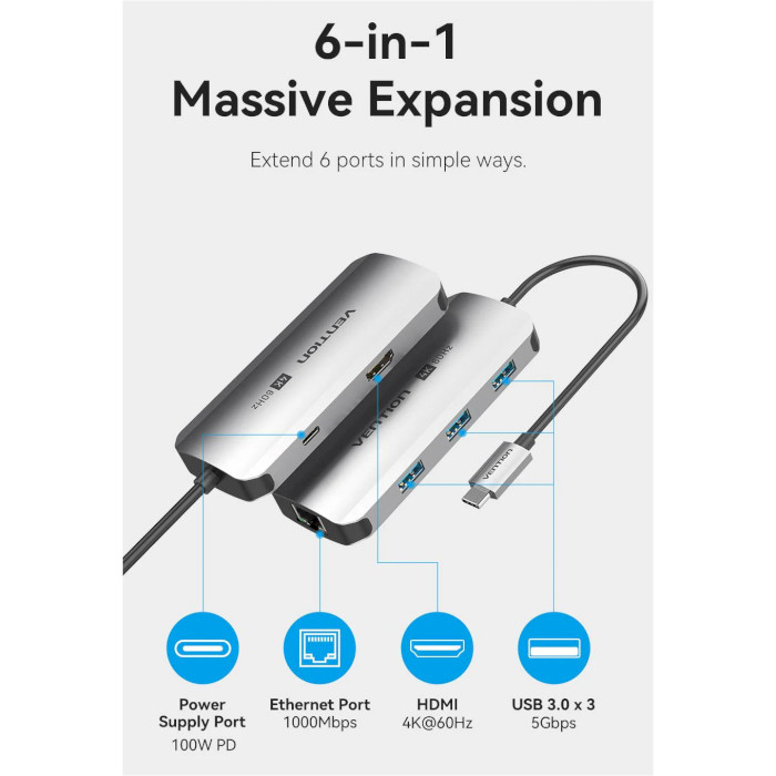 Порт-репликатор VENTION 6-in-1 USB-C to HDMI/USB3.0x3/RJ-45/PD (TQHHB)