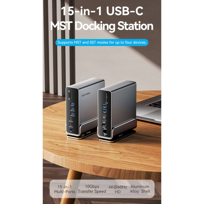 Док-станция для ноутбука VENTION 15-in-1 USB-C to DP/HDMIx2/USB-C3.2Gen2/USB3.2Gen2x2/USB-C3.2Gen1/USB3.0/USB2.0x2/RJ-45/SD/TF/TRRS 3.5mm/PD MST (TPUH