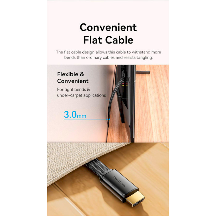 Кабель VENTION Flat Nylon Braided 8K HDMI Male to Male HD Cable HDMI v2.1 2м Black (ALKBH)