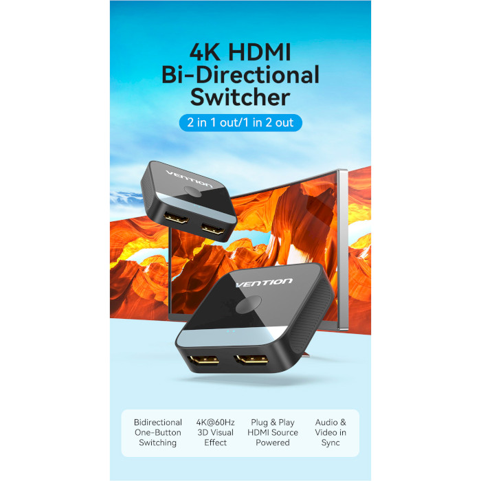 HDMI свитч 1 to 2 VENTION 2-Port HDMI Bi-Direction 4K Switcher (AKOB0)