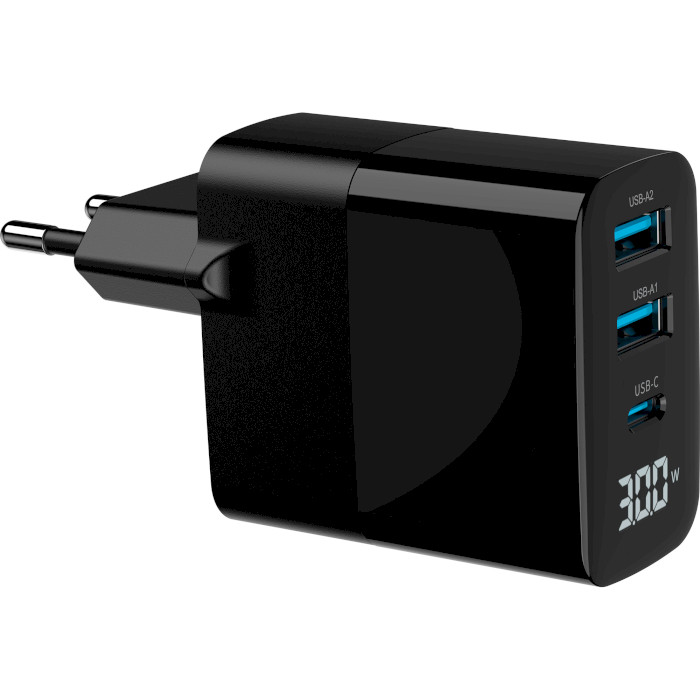 Зарядное устройство GEMBIRD 2xUSB-A, 1xUSB-C, PD+QC3.0 30W Black (TA-UC-PDQC30LCD-BK-02)