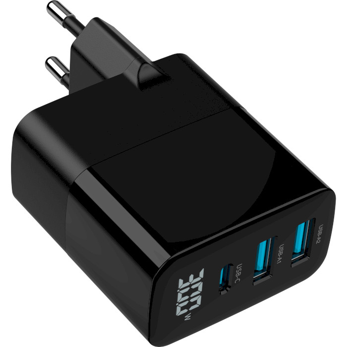 Зарядное устройство GEMBIRD 2xUSB-A, 1xUSB-C, PD+QC3.0 30W Black (TA-UC-PDQC30LCD-BK-02)