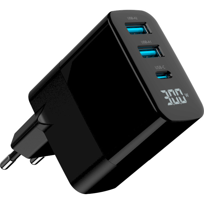 Зарядний пристрій GEMBIRD 2xUSB-A, 1xUSB-C, PD+QC3.0 30W Black (TA-UC-PDQC30LCD-BK-02)