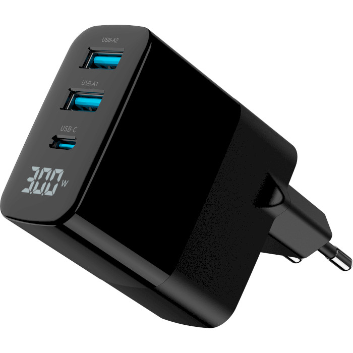 Зарядний пристрій GEMBIRD 2xUSB-A, 1xUSB-C, PD+QC3.0 30W Black (TA-UC-PDQC30LCD-BK-02)