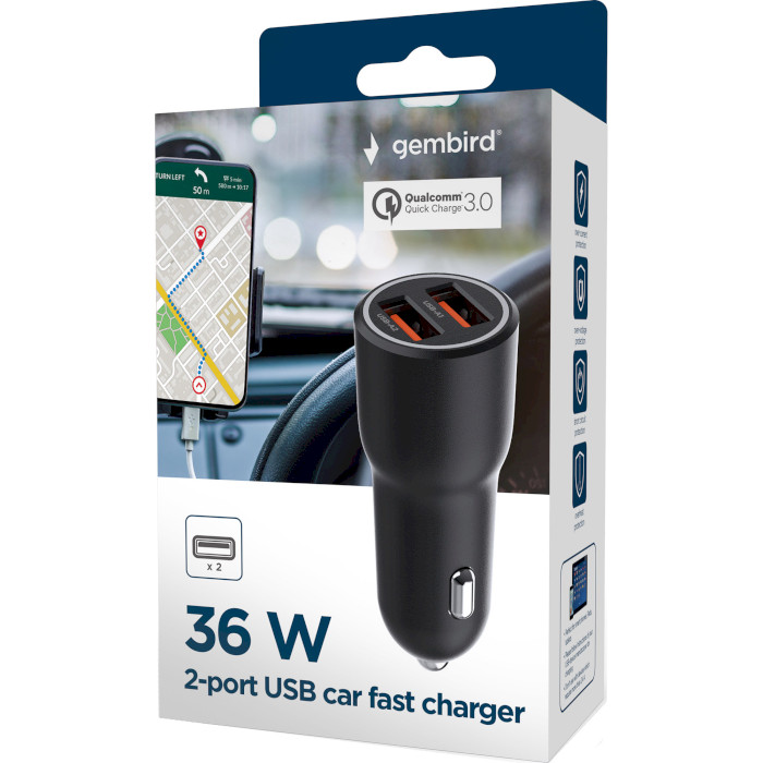 Автомобільний зарядний пристрій GEMBIRD 2xUSB-A, 4.8A, 18W Black (TA-UC-A2QC36-CAR-01)