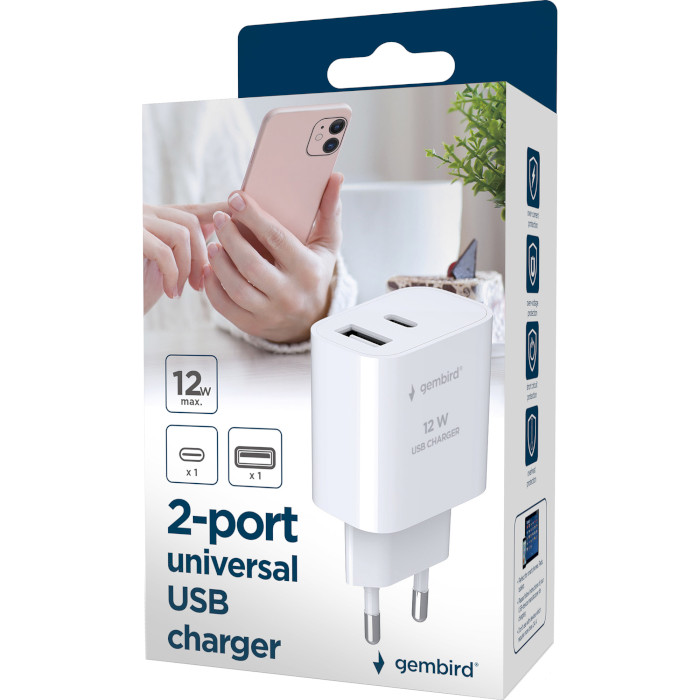 Зарядний пристрій GEMBIRD 1xUSB-A, 1xUSB-C, 2.4A, 12W White (TA-UC-2AC12-01)