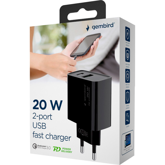 Зарядное устройство GEMBIRD 1xUSB-A, 1xUSB-C, PD+QC3.0 20W Black (TA-UC-PDQC20-01-BK)