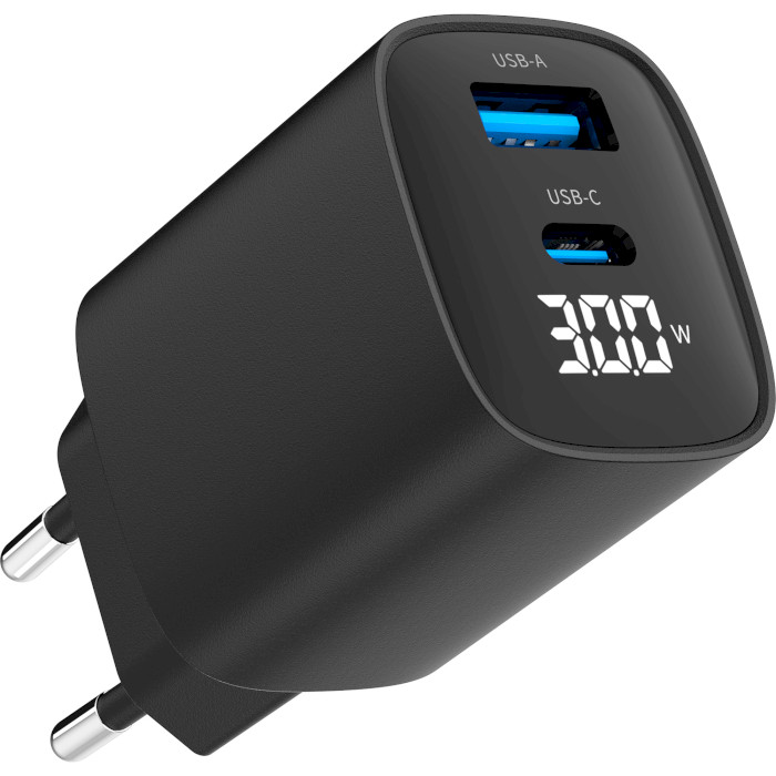 Зарядний пристрій GEMBIRD 1xUSB-A, 1xUSB-C, PD+QC3.0 30W Black (TA-UC-PDQC30LCD-BK-01)