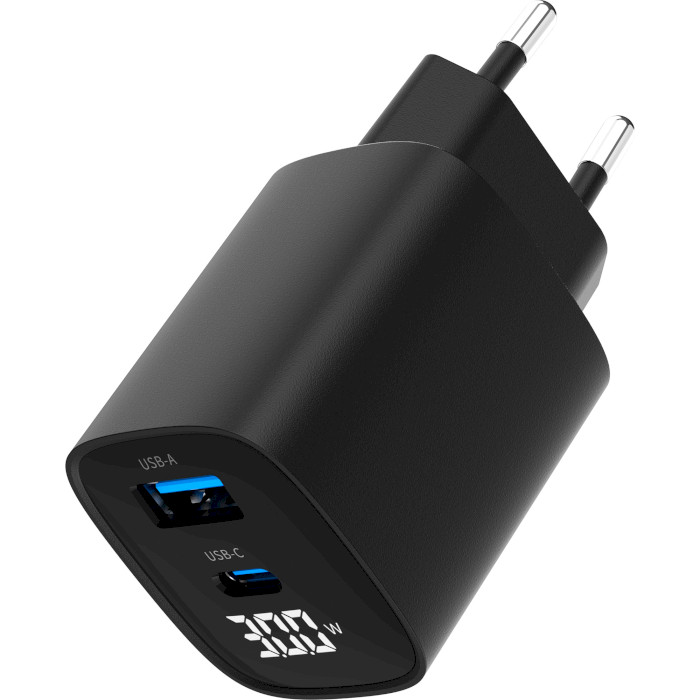 Зарядний пристрій GEMBIRD 1xUSB-A, 1xUSB-C, PD+QC3.0 30W Black (TA-UC-PDQC30LCD-BK-01)