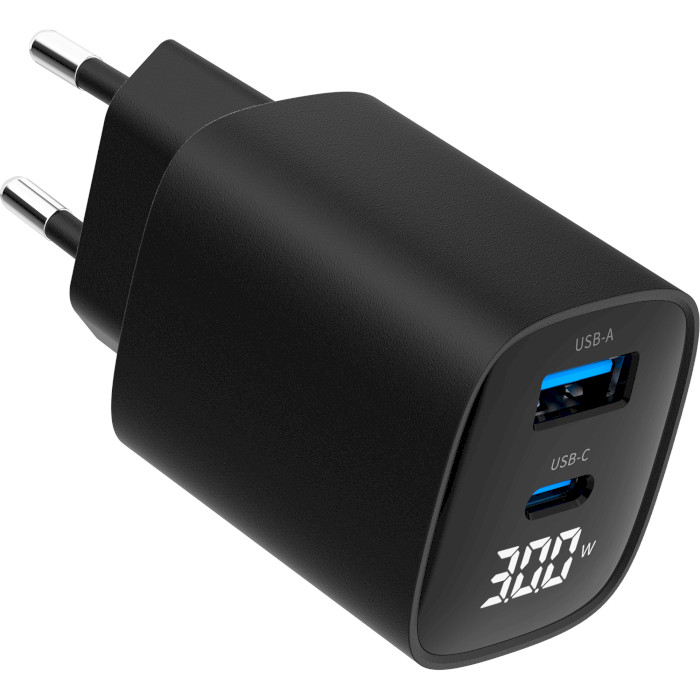 Зарядний пристрій GEMBIRD 1xUSB-A, 1xUSB-C, PD+QC3.0 30W Black (TA-UC-PDQC30LCD-BK-01)