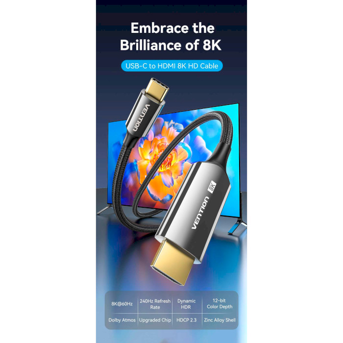 Кабель VENTION Embrace the Brilliance of 8K USB-C - HDMI v2.1 1.8м Black (CRCBAC)