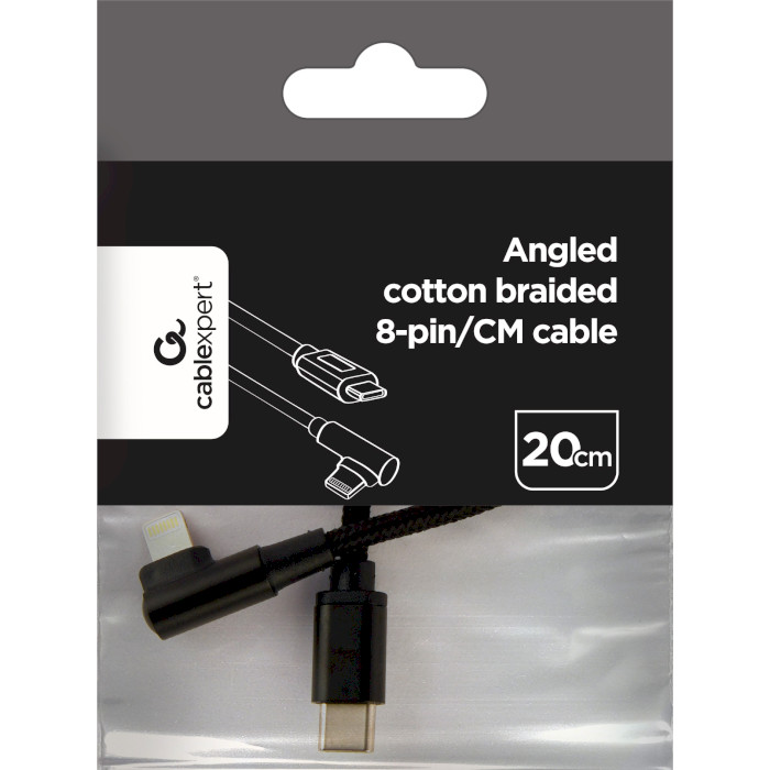 Кабель CABLEXPERT Angled Cotton Braided Lightning/CM Cable 0.2м Black (CC-USB2-CMLML-0.2M)