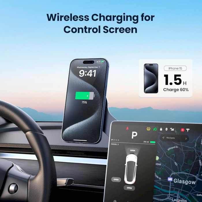 Автотримач з бездротовою зарядкою UGREEN CD380 Magnetic Wireless Car Charger for Tesla Gray (25123)