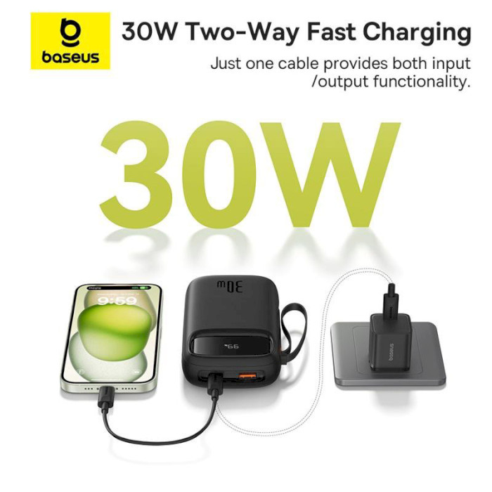 Повербанк BASEUS QPow2 Dual Cable Digital Display Fast Charge Power Bank 30W 20000mAh Black (PPQD4-20C)