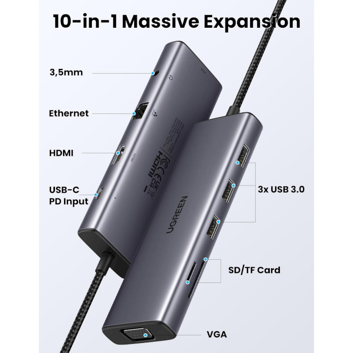 Порт-репликатор UGREEN CM498 Revodok 10-in-1 USB-C Dongle with 4K HDMI & VGA Dual Monitor (15601)