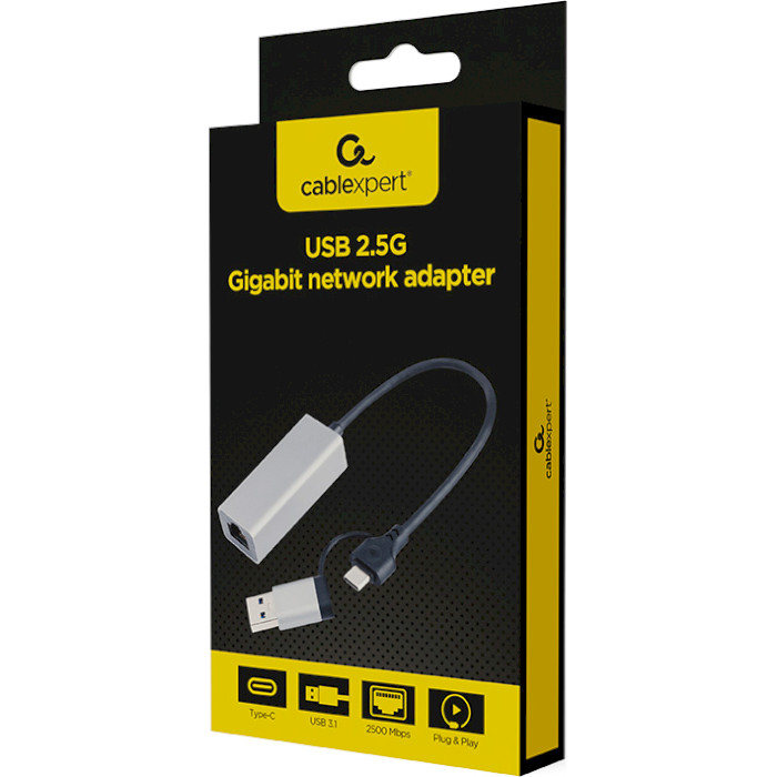 Мережевий адаптер CABLEXPERT USB-A+C3.1 to 2.5 Gigabit Network Adapter Gray (A-USB3AC-LAN2G-01)