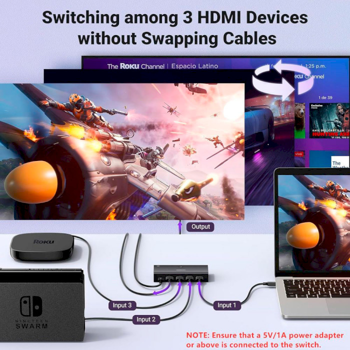 HDMI свитч 3 to 1 UGREEN CM598 3-in-1 Out HDMI Switcher 4K@60Hz (15376)