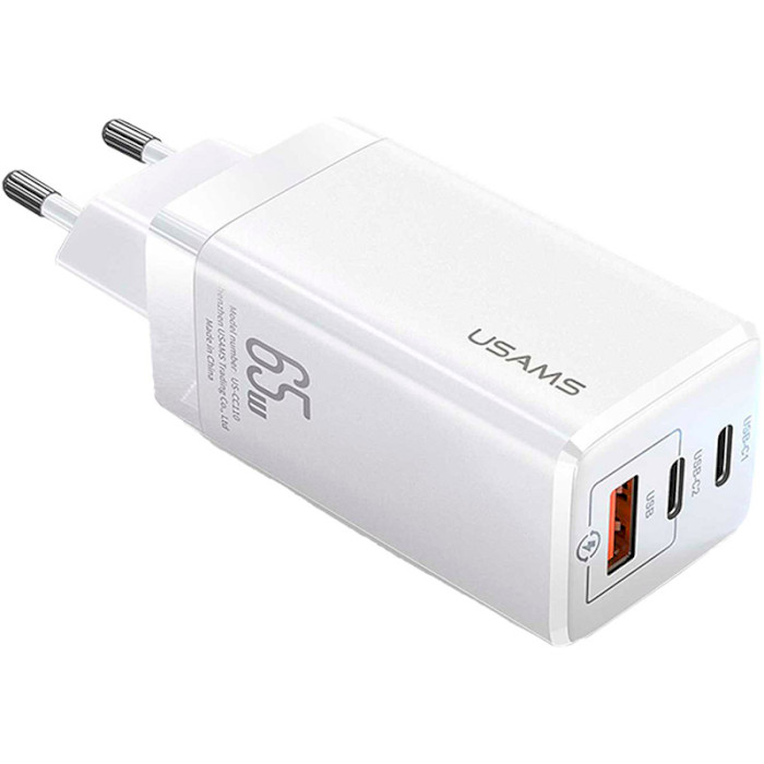 Зарядний пристрій USAMS US-CC110 T33 65W 3 Ports GaN Mini Fast Charger White (CC110TC02)