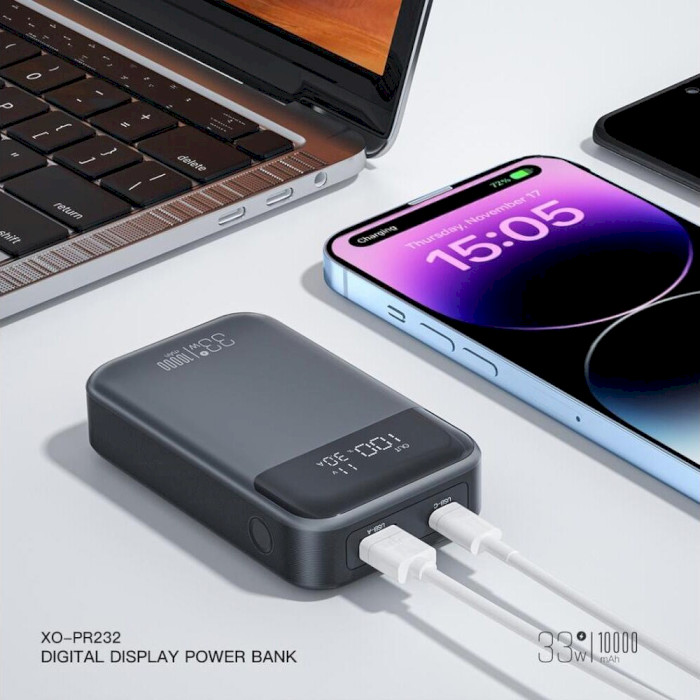 Повербанк XO PR232 1xUSB-A, 1xUSB-C, QC22.5W, PD30W 10000mAh Black