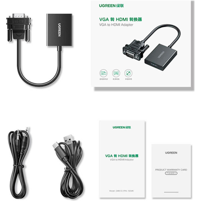 Конвертер відеосигналу UGREEN CM513 Male to Female VGA - HDMI Black (50945)