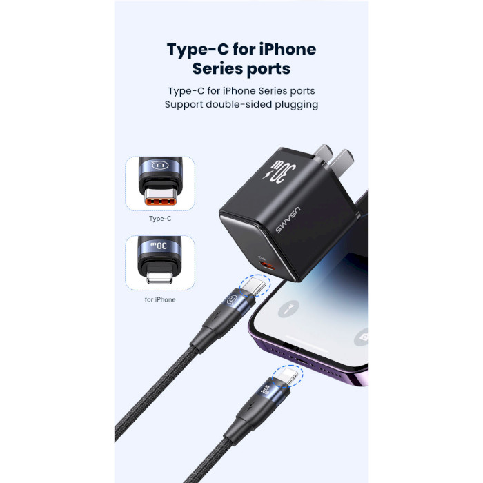 Кабель USAMS US-SJ634 U85 Aluminum Alloy Type-C To Lightning PD 30W Fast Charging & Data Cable 1.2м Black (SJ634USB01)