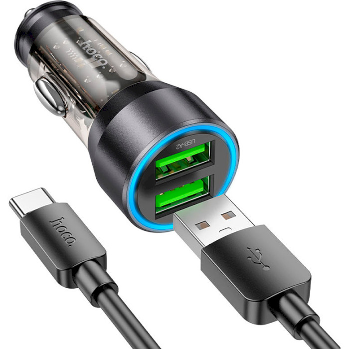 Автомобільний зарядний пристрій HOCO NZ12 Prosperity 2xUSB-A, QC3.0, 36W Black w/Type-C cable (NZ12 (2USB/36W) + USB-C BLACK)